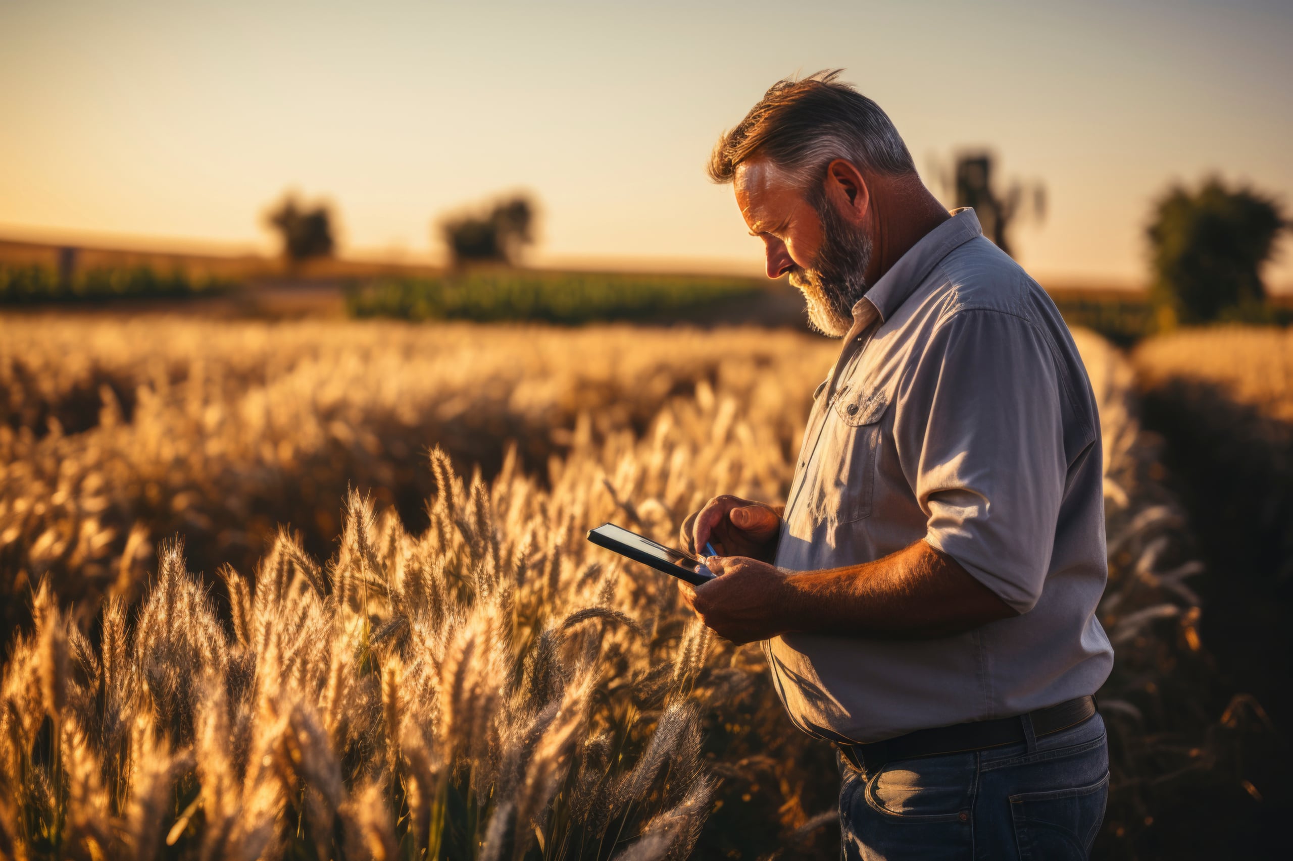 Farmer using fibre internet on a tablet