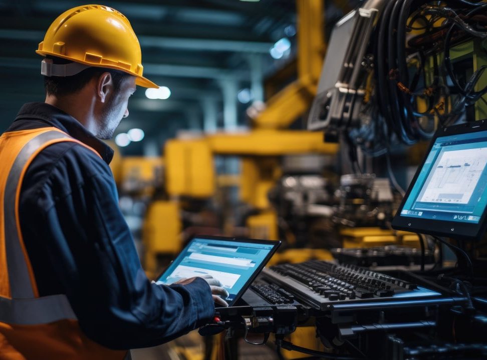 Manufacturing worker using internet on a laptop